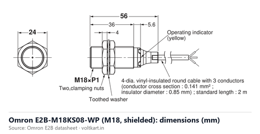 Omron E2B-M18KS08-WP proximity sensor dimensions (manufacturer datasheet drawing)