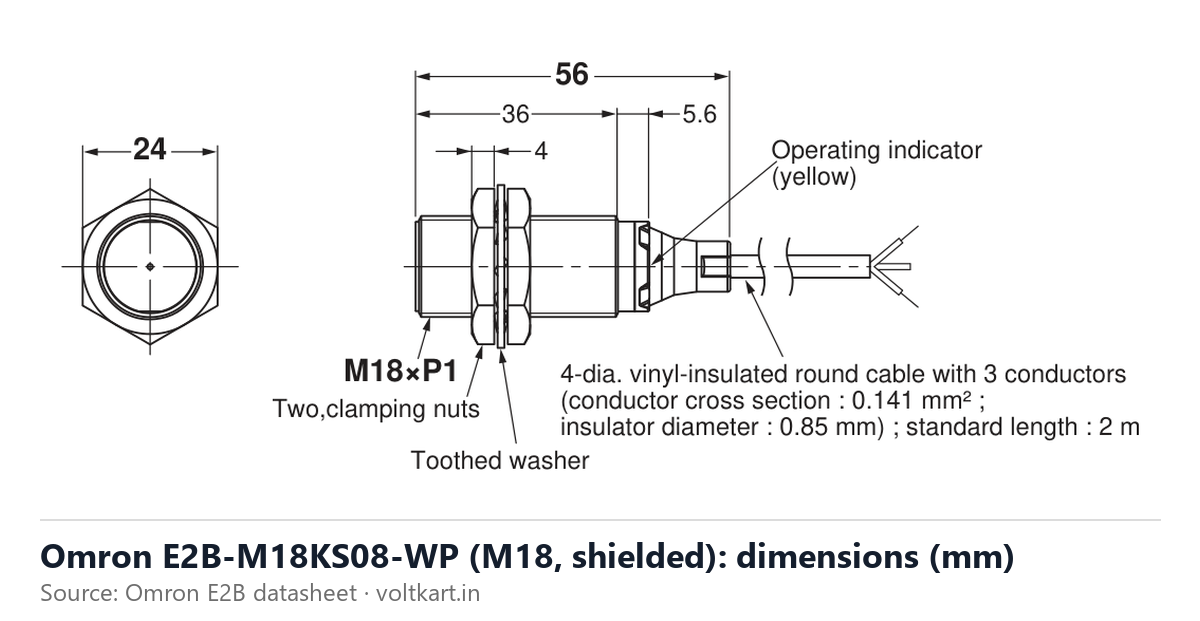 Omron E2B-M18KS08-WP proximity sensor dimensions (manufacturer datasheet drawing)