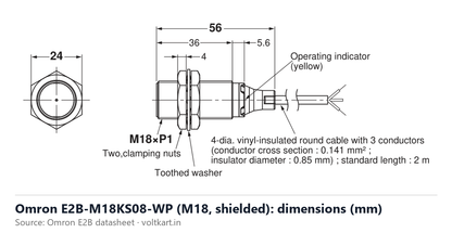 Omron E2B-M18KS08-WP proximity sensor dimensions (manufacturer datasheet drawing)