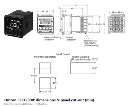 Omron E5CC-800 temperature controller dimensions and panel cut-out (manufacturer datasheet drawing)
