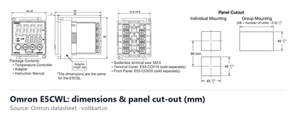Omron E5CWL temperature controller dimensions and panel cut-out (manufacturer datasheet drawing)