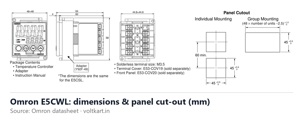 Omron E5CWL temperature controller dimensions and panel cut-out (manufacturer datasheet drawing)