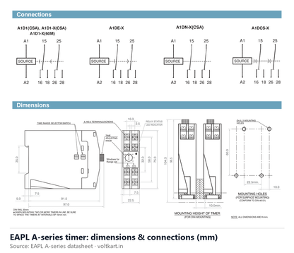 EAPL A-series DIN rail timer dimensions and connections (manufacturer datasheet drawing)