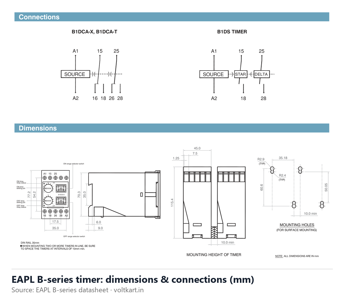 EAPL B-series DIN rail timer dimensions and connections (manufacturer datasheet drawing)