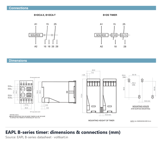 EAPL B-series DIN rail timer dimensions and connections (manufacturer datasheet drawing)