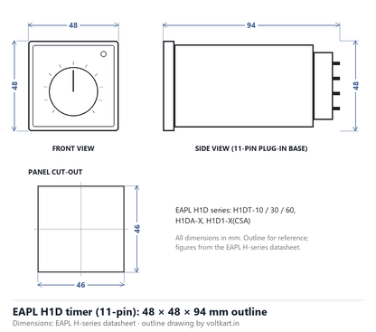 EAPL H1D 11-pin timer outline dimensions 48 x 48 x 94 mm with panel cut-out (outline drawing from manufacturer datasheet figures)