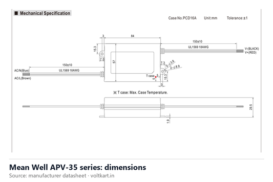 Mean Well APV-35 series dimensions (manufacturer datasheet drawing)