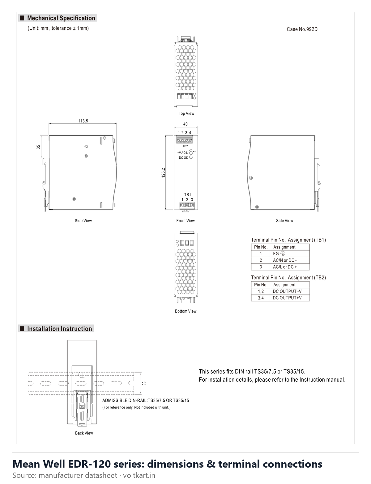 Mean Well EDR-120 series dimensions and terminal connections (manufacturer datasheet drawing)