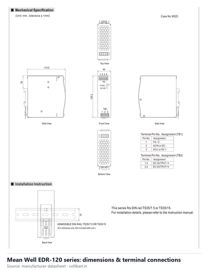 Mean Well EDR-120 series dimensions and terminal connections (manufacturer datasheet drawing)