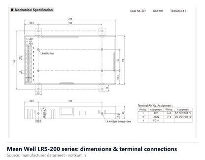 Mean Well LRS-200 series dimensions and terminal connections (manufacturer datasheet drawing)