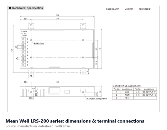 Mean Well LRS-200 series dimensions and terminal connections (manufacturer datasheet drawing)