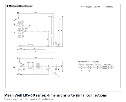 Mean Well LRS-50 series dimensions and terminal connections (manufacturer datasheet drawing)