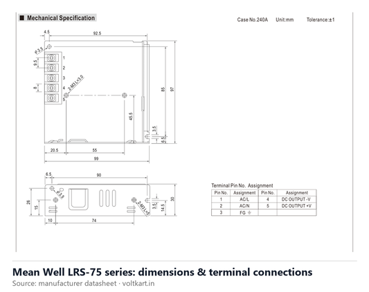 Mean Well LRS-75 series dimensions and terminal connections (manufacturer datasheet drawing)