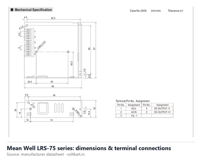 Mean Well LRS-75 series dimensions and terminal connections (manufacturer datasheet drawing)