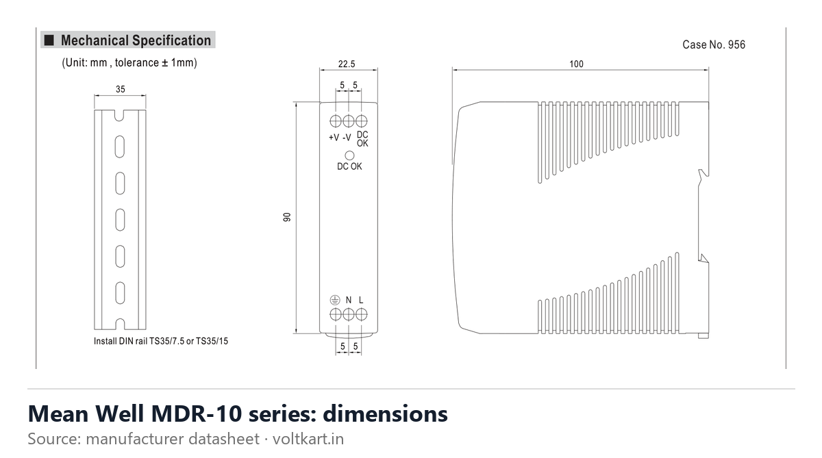 Mean Well MDR-10 series dimensions (manufacturer datasheet drawing)