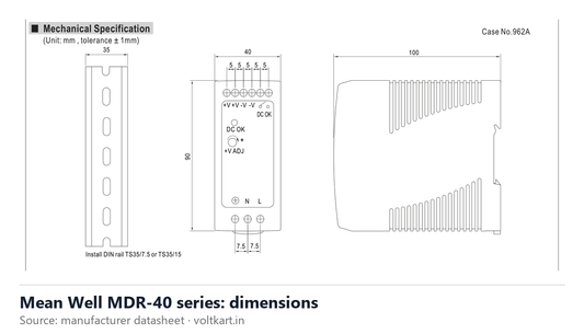 Mean Well MDR-40 series dimensions (manufacturer datasheet drawing)