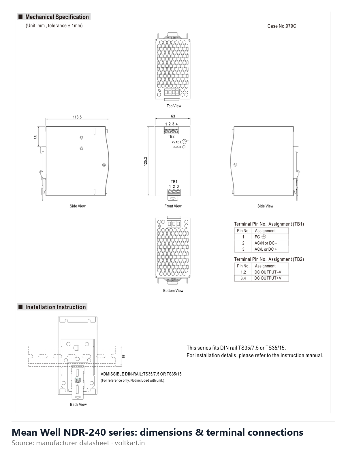 Mean Well NDR-240 series dimensions and terminal connections (manufacturer datasheet drawing)