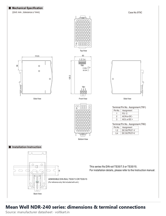 Mean Well NDR-240 series dimensions and terminal connections (manufacturer datasheet drawing)
