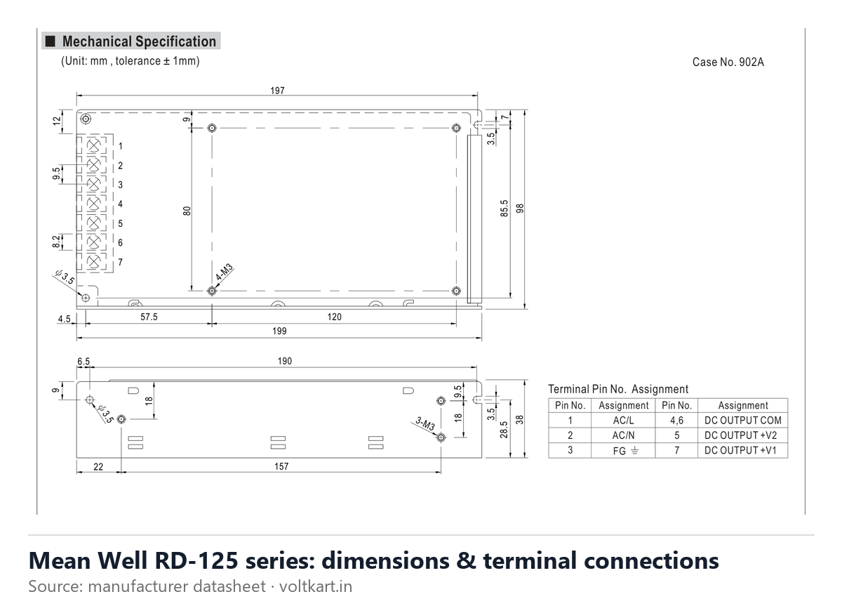 Mean Well RD-125 series dimensions and terminal connections (manufacturer datasheet drawing)