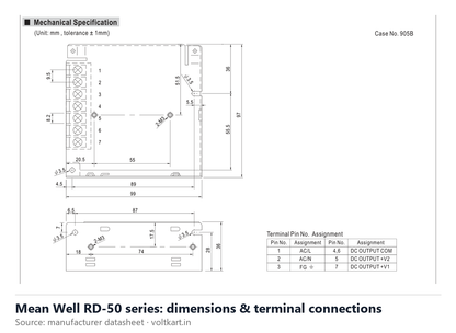 Mean Well RD-50 series dimensions and terminal connections (manufacturer datasheet drawing)