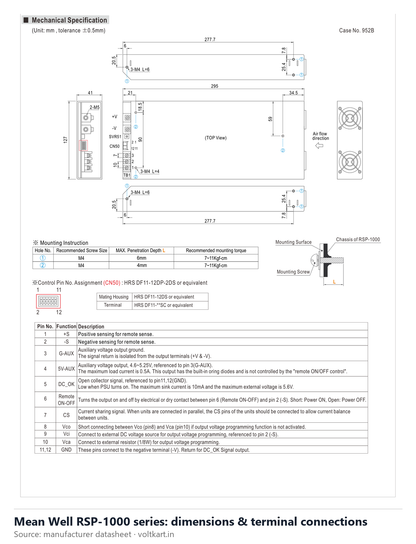 Mean Well RSP-1000 series dimensions and terminal connections (manufacturer datasheet drawing)