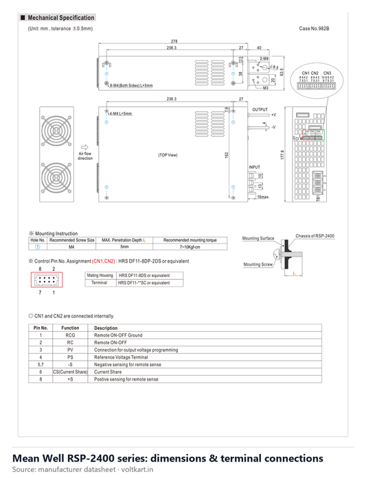 Mean Well RSP-2400 series dimensions and terminal connections (manufacturer datasheet drawing)