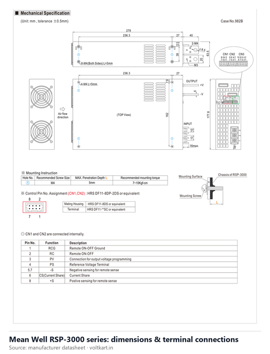 Mean Well RSP-3000 series dimensions and terminal connections (manufacturer datasheet drawing)