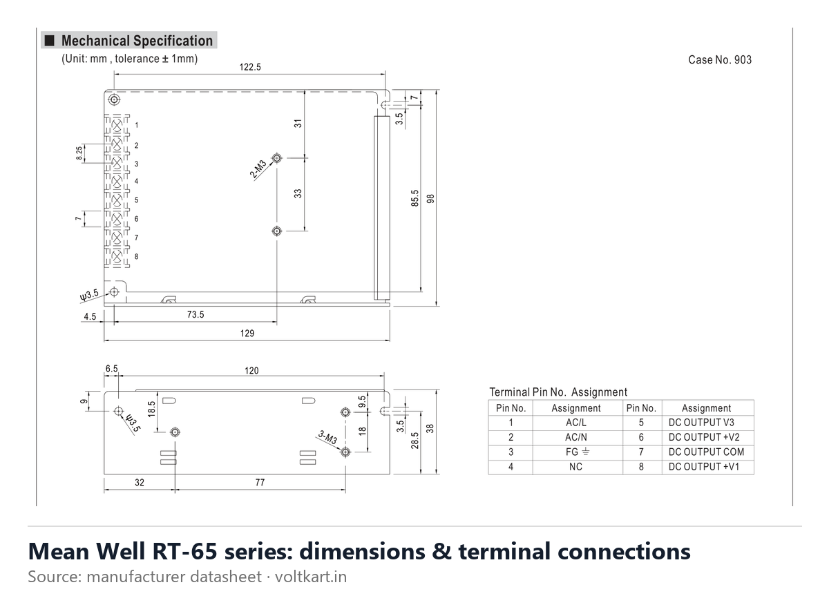 Mean Well RT-65 series dimensions and terminal connections (manufacturer datasheet drawing)