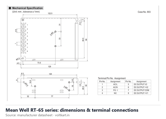 Mean Well RT-65 series dimensions and terminal connections (manufacturer datasheet drawing)