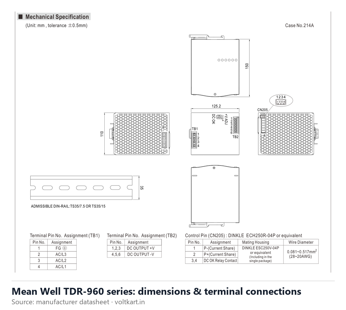 Mean Well TDR-960 series dimensions and terminal connections (manufacturer datasheet drawing)