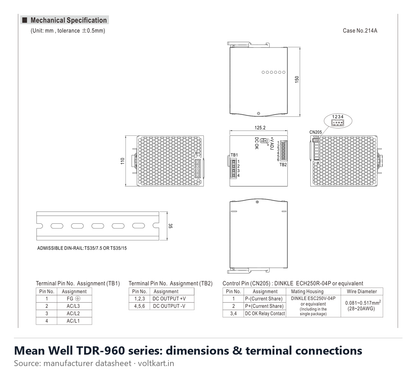 Mean Well TDR-960 series dimensions and terminal connections (manufacturer datasheet drawing)
