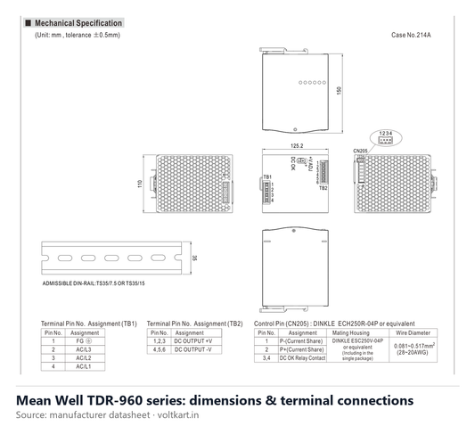 Mean Well TDR-960 series dimensions and terminal connections (manufacturer datasheet drawing)