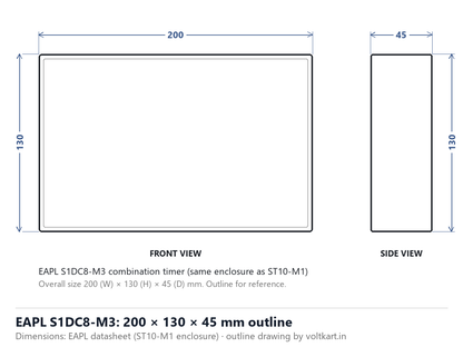EAPL S1DC8-M3 combination timer outline dimensions 200 x 130 x 45 mm (outline drawing from manufacturer datasheet figures)