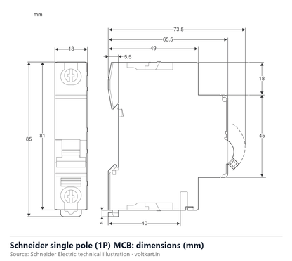 Schneider single pole MCB dimensions (manufacturer datasheet drawing)