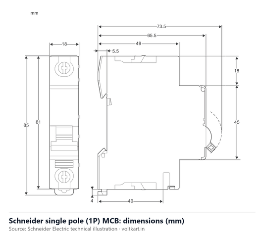 Schneider single pole MCB dimensions (manufacturer datasheet drawing)