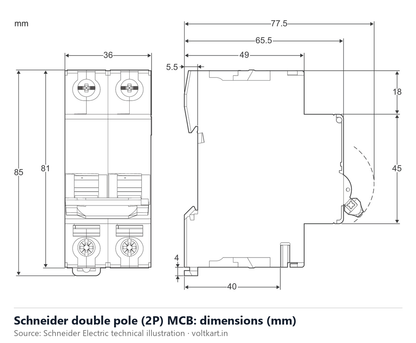 Schneider double pole MCB dimensions (manufacturer datasheet drawing)
