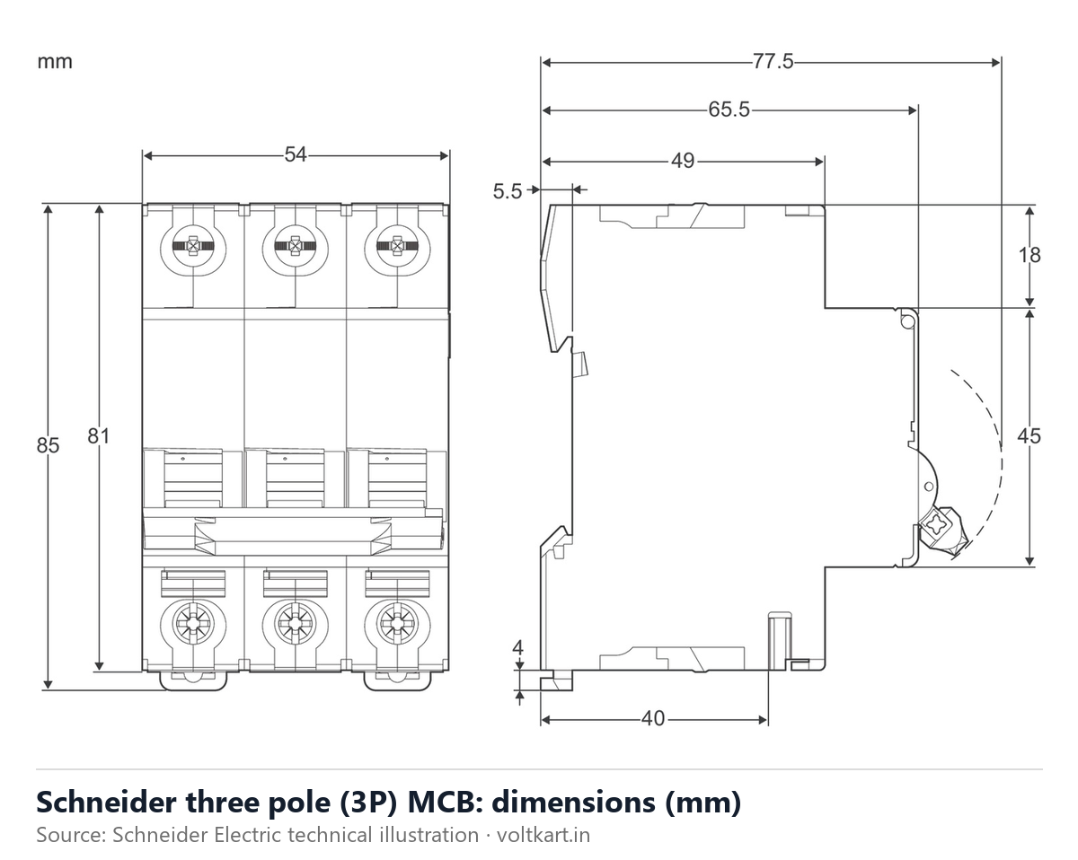 Schneider three pole MCB dimensions (manufacturer datasheet drawing)
