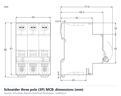 Schneider three pole MCB dimensions (manufacturer datasheet drawing)
