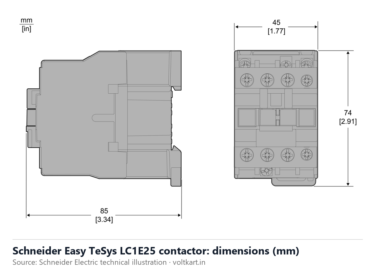 Schneider LC1E2510 contactor dimensions (manufacturer datasheet drawing)