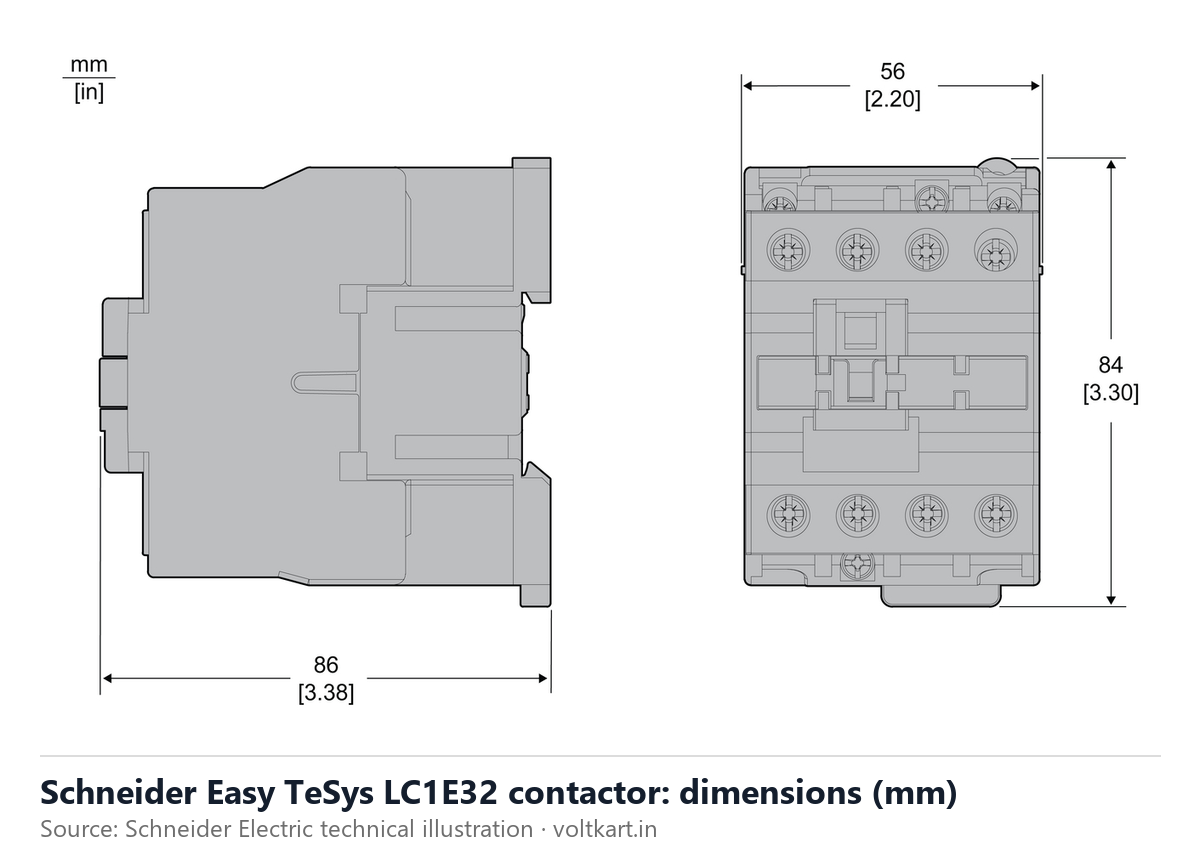 Schneider LC1E3210 contactor dimensions (manufacturer datasheet drawing)