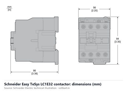Schneider LC1E3210 contactor dimensions (manufacturer datasheet drawing)