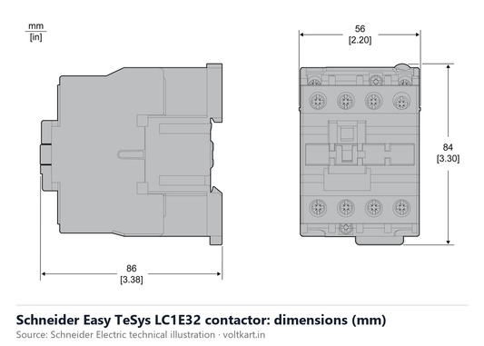 Schneider LC1E3210 contactor dimensions (manufacturer datasheet drawing)