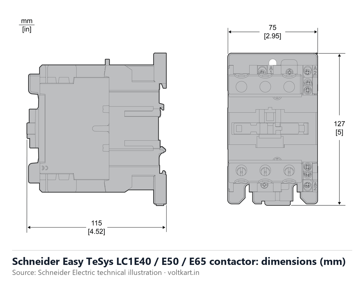 Schneider LC1E40 LC1E50 LC1E65 contactor dimensions (manufacturer datasheet drawing)