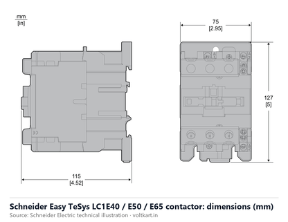 Schneider LC1E40 LC1E50 LC1E65 contactor dimensions (manufacturer datasheet drawing)