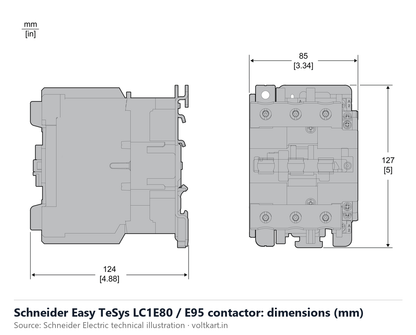 Schneider LC1E80 LC1E95 contactor dimensions (manufacturer datasheet drawing)