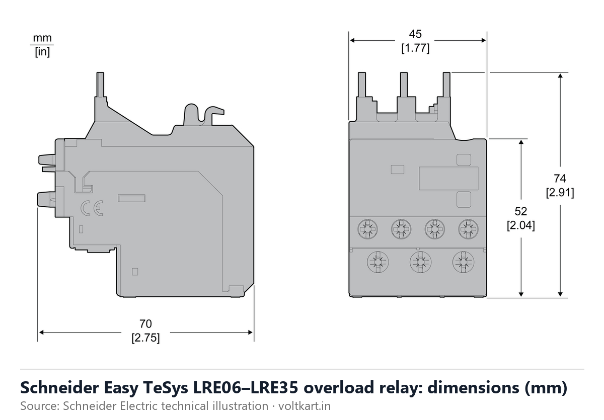 Schneider Easy TeSys LRE overload relay dimensions (manufacturer datasheet drawing)