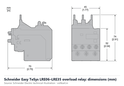 Schneider Easy TeSys LRE overload relay dimensions (manufacturer datasheet drawing)