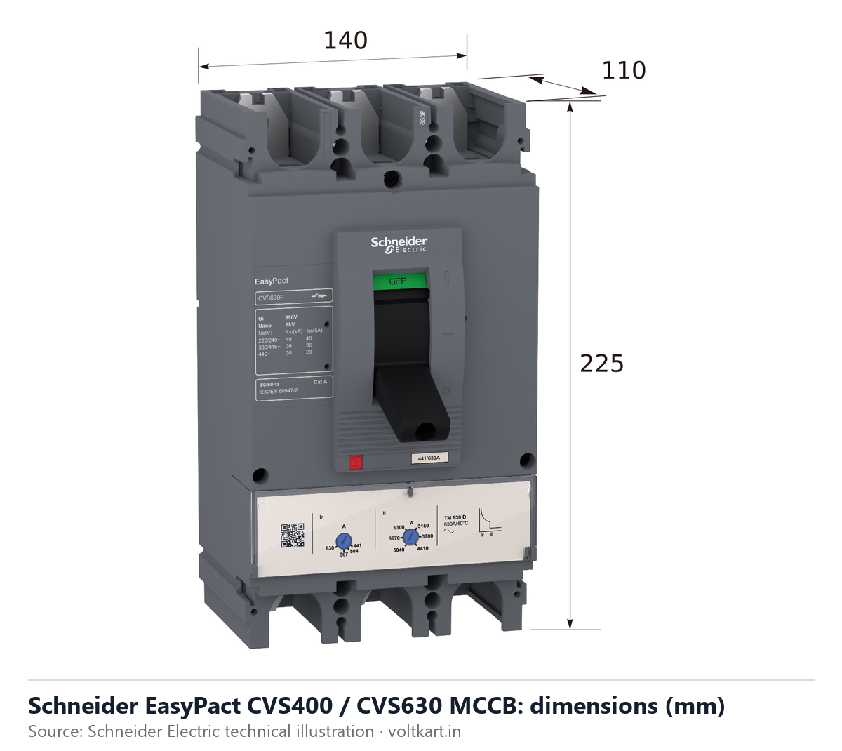 Schneider EasyPact CVS400 CVS630 MCCB dimensions (manufacturer datasheet drawing)