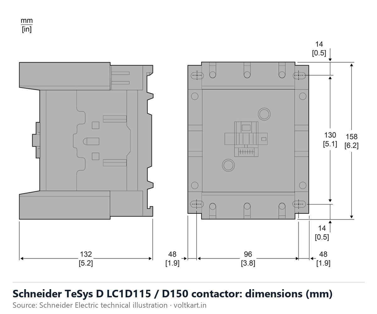 Schneider LC1D115 LC1D150 contactor dimensions (manufacturer datasheet drawing)