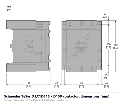 Schneider LC1D115 LC1D150 contactor dimensions (manufacturer datasheet drawing)